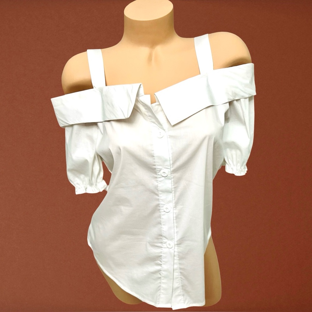 Women’s White Collard Cold-shoulder Poplin Button Up Top